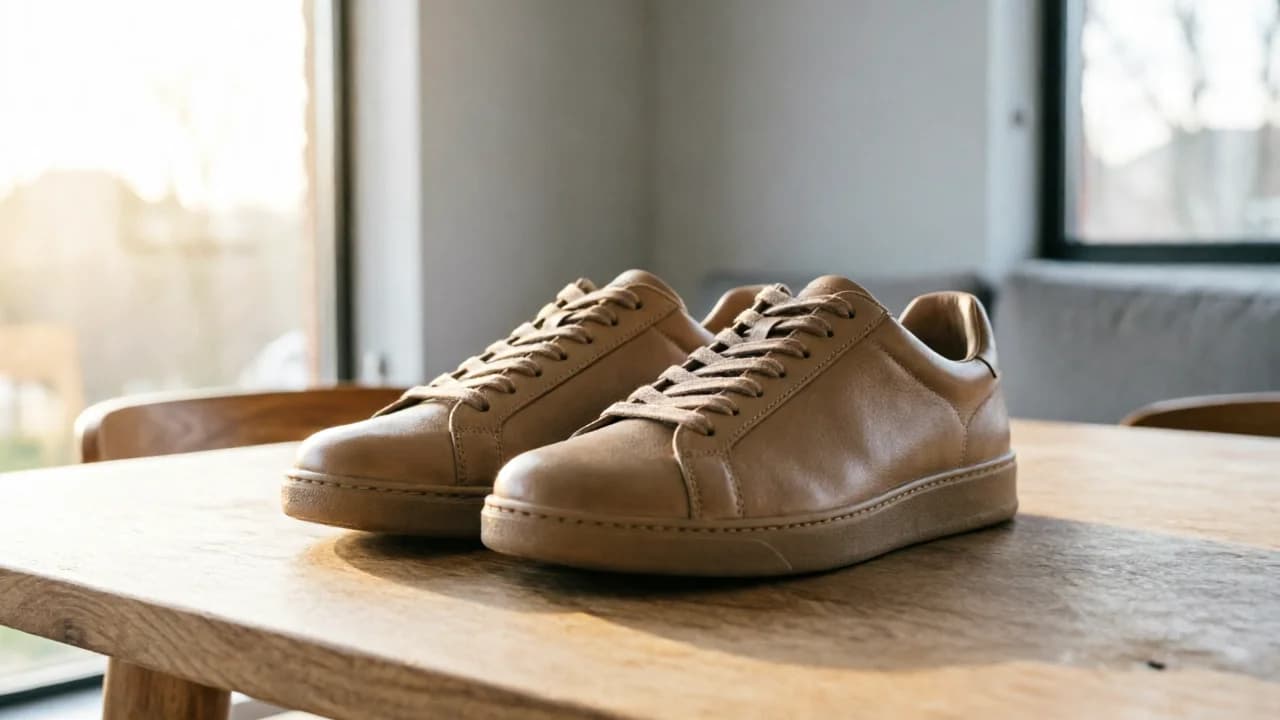 A pair of beige leather sneakers on a wooden table in a softly lit room